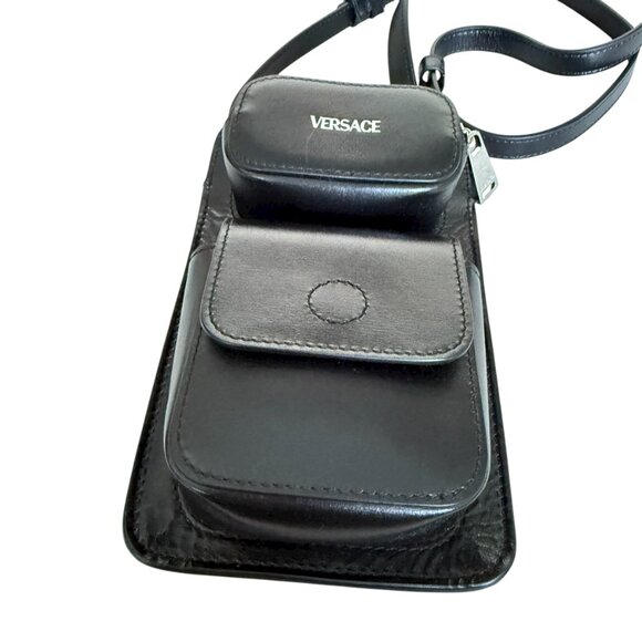VERSACE 1013558 Black Calf Leather Phone Pouch Bag with lanyard ($1150 retail) - Picture 9 of 15
